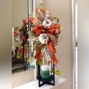 HAND CRAFTED Autumn Pumpkin Berry Swag Fall Leafy Lantern Topper Adornment